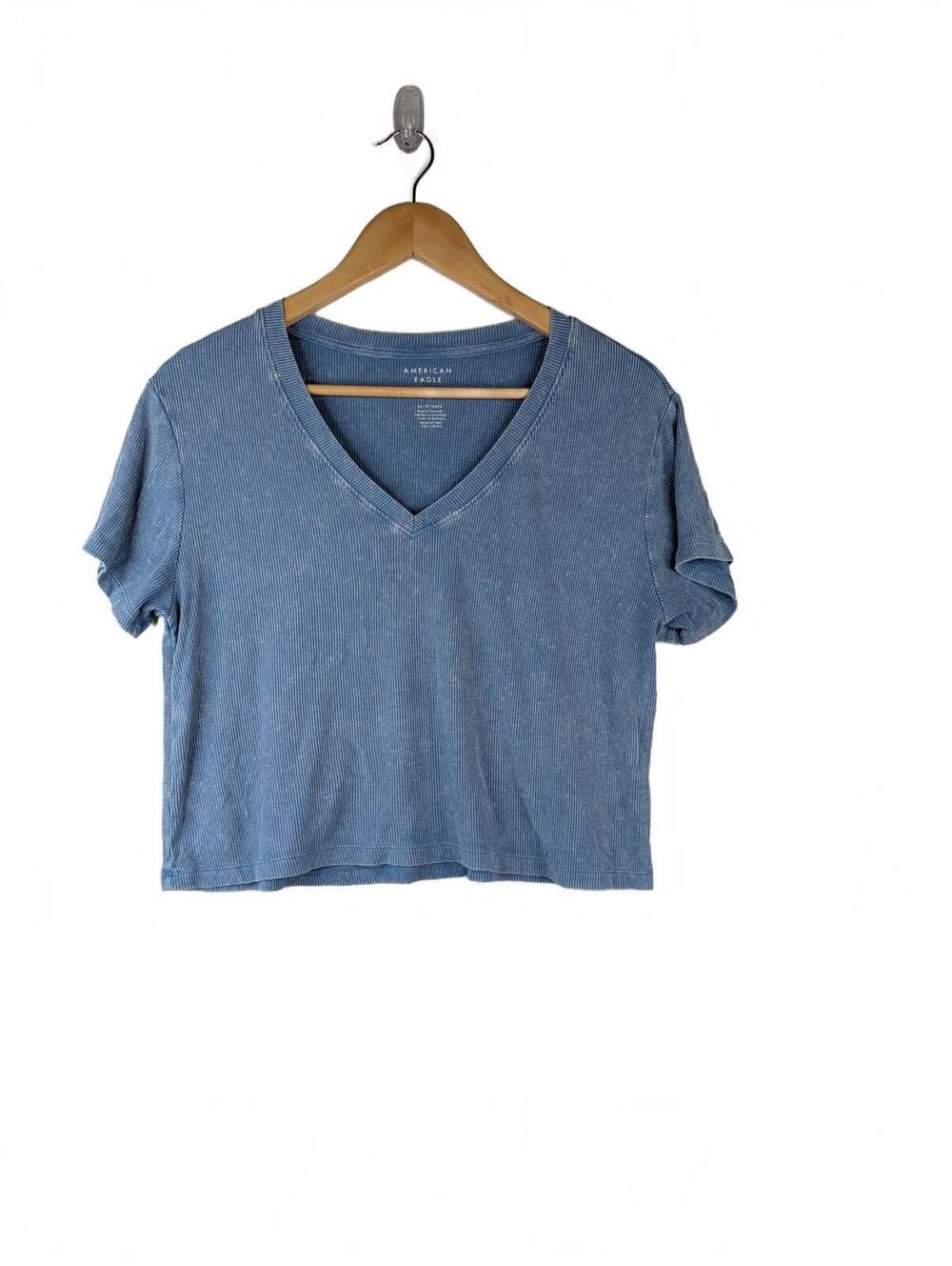 American Eagle Soft & Sexy Ribbed Blue V-Neck Crop Tee XS - Picture 1 of 4